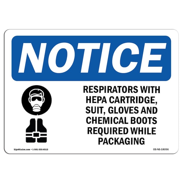OSHA Sign, Respirator W/ Hepa Cartridge W/, 5in X 3.5in Decal, 10PK, 5" W, 3.5" H, Landscape, PK10